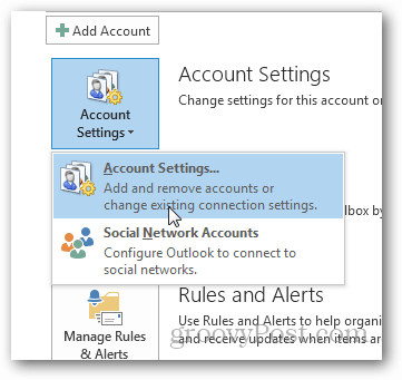 comment créer un fichier pst pour Outlook 2013 - cliquez sur les paramètres du compte
