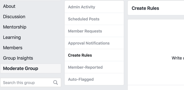 Comment améliorer votre communauté de groupe Facebook, option de menu Facebook pour créer des règles pour modérer votre groupe