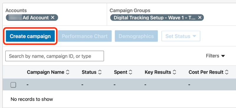 linkedin créer un bouton de campagne sous le groupe de campagnes