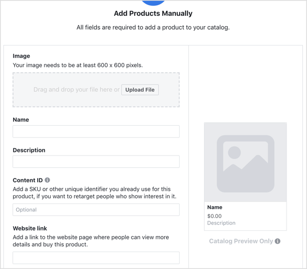 Entrez les détails pour ajouter un produit à votre catalogue Facebook.