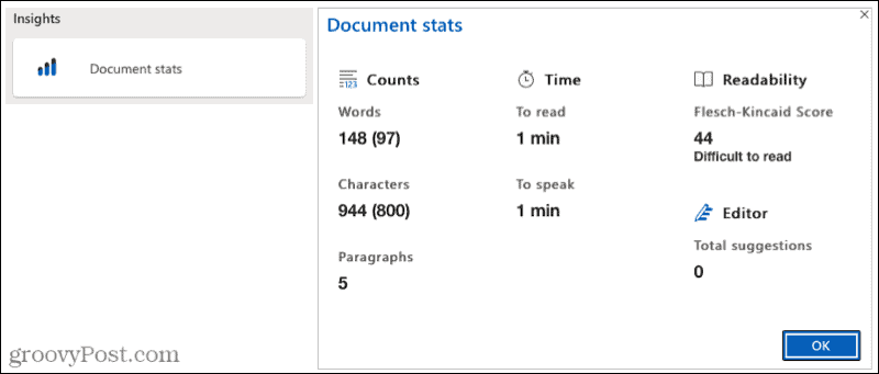 Statistiques du document Microsoft Editor