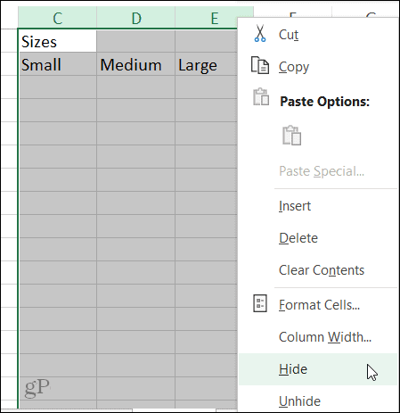 Masquer le raccourci de colonne dans Excel sous Windows