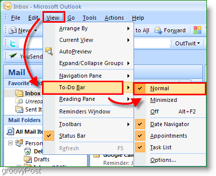 Barre des tâches d'Outlook 2007 - Personnaliser l'affichage en mode normal