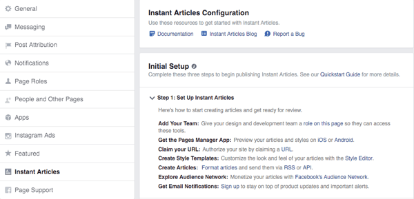écran de configuration des articles instantanés facebook