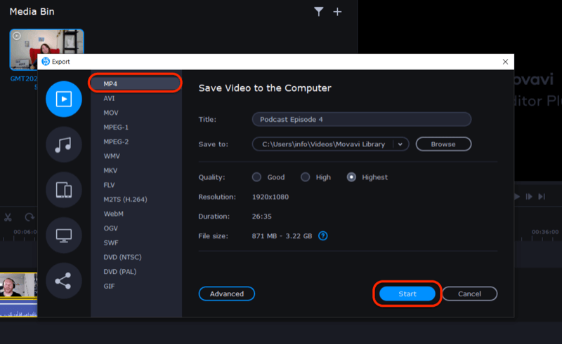 exporter un fichier vidéo dans Movavi Video Editor Plus