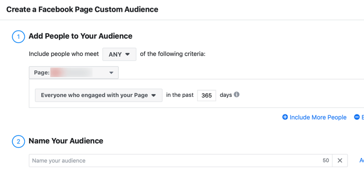 Boîte de dialogue Créer une audience personnalisée de page Facebook