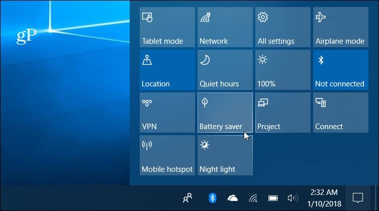 Centre d'action Windows 10 Battery Saver
