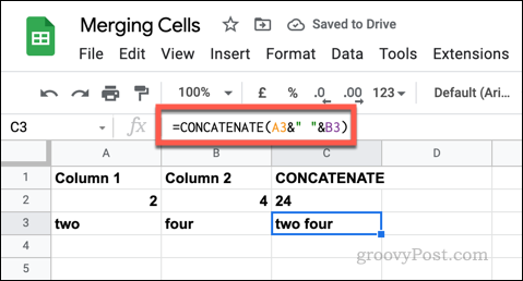 Un exemple de formule CONCATENATE dans Google Sheets utilisant des chaînes de texte vides