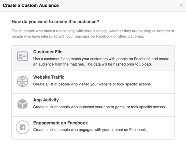 Sélectionnez Fichier client pour créer votre audience personnalisée Facebook d'abonnés à la newsletter.