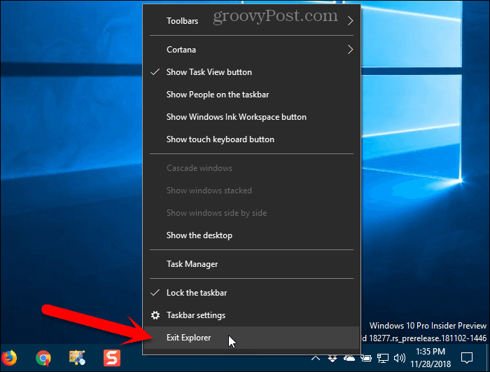 Sélectionnez Quitter l'Explorateur dans le menu contextuel de la barre des tâches dans Windows 10