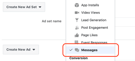 Comment obtenir des prospects avec les publicités Facebook Messenger, les messages définis comme destination au niveau de l'ensemble de publicités