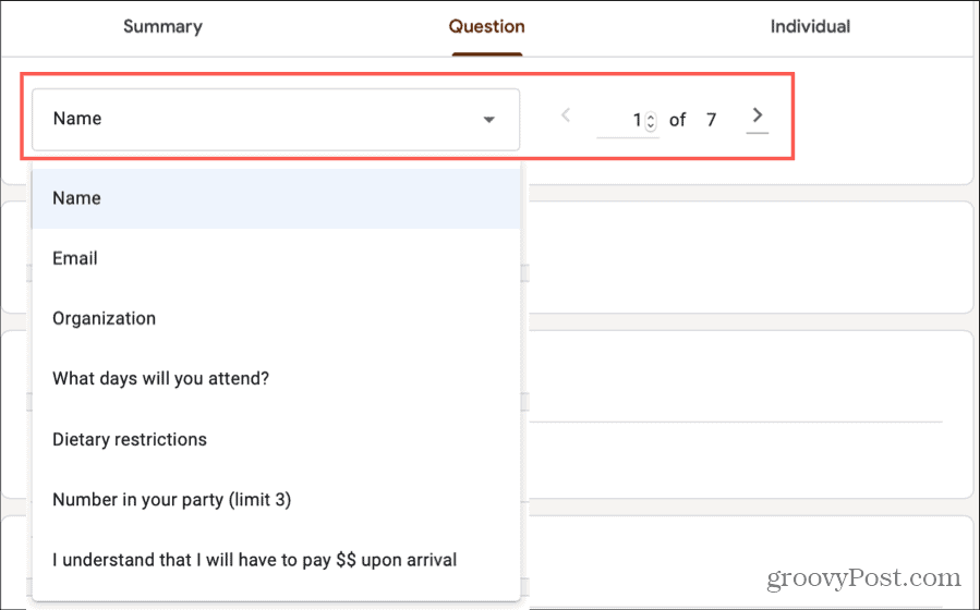 Réponses Google Forms Sélectionnez une question