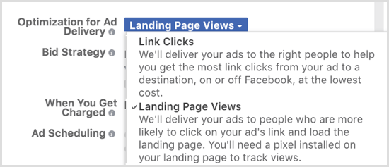 Optimisez la diffusion de vos annonces Facebook pour les vues de la page de destination.