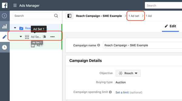 Comment créer des publicités Facebook, étape 3, paramètres pour accéder au niveau de l'ensemble d'annonces de votre campagne