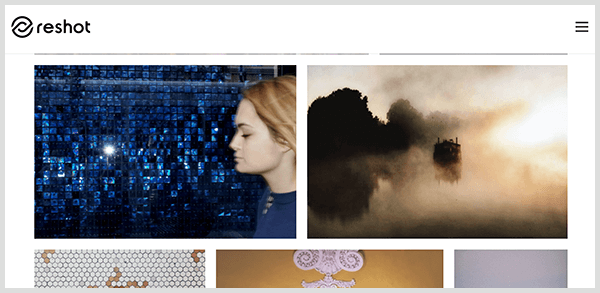 Reshot est un site de photos avec des images sélectionnées. La capture d'écran de la photothèque sur le site Web Reshot comprend le profil d'une femme blanche aux cheveux blonds devant un carreau bleu irisé et un paysage brumeux avec des arbres en silhouette.