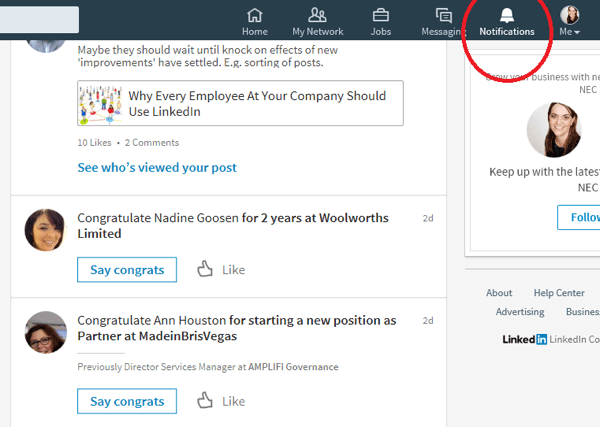Lorsque vous cliquez sur l'icône Notifications, LinkedIn affiche les connexions qui ont récemment eu une occasion spéciale.