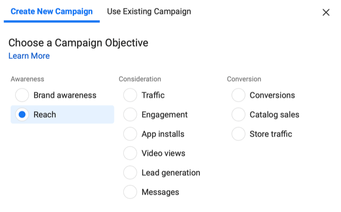 instagram créer un nouveau menu de campagne avec l'objectif de portée sélectionné sous sensibilisation