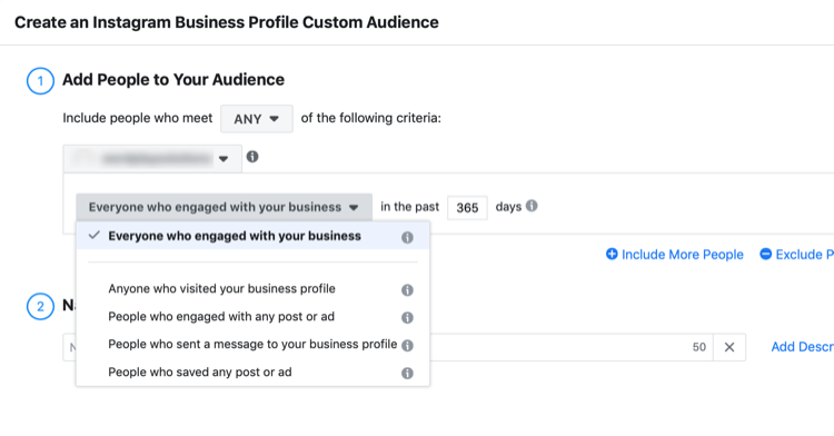 Boîte de dialogue Créer une audience personnalisée de profil d'entreprise Instagram
