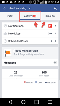 afficher les notifications de page depuis l'application facebook