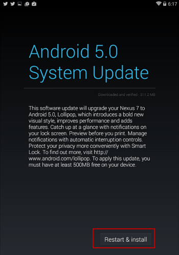 redémarrez Nexus 7 et installez Android 5