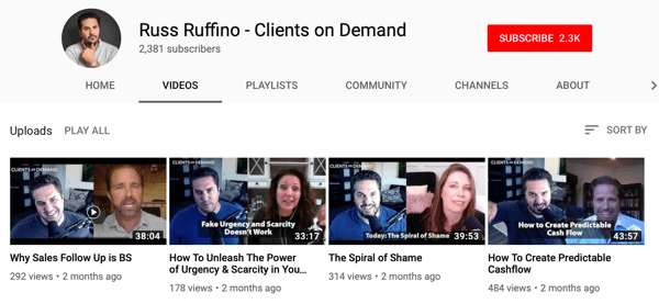 Méthodes pour les entreprises B2B d'utiliser la vidéo en ligne, Russ Ruffino exemple de chaîne YouTube de vidéos d'entrevue