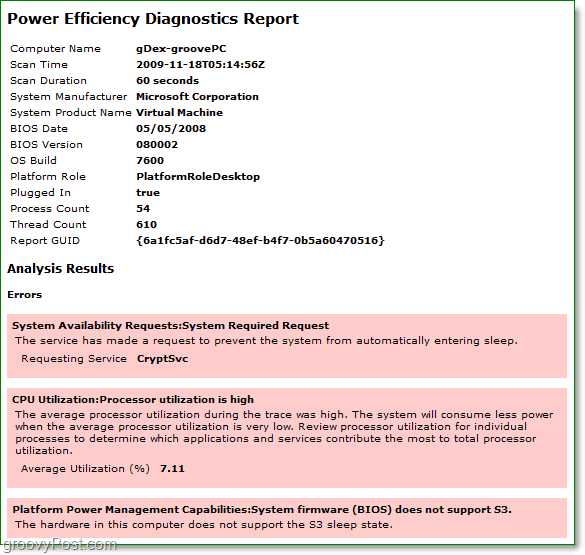 afficher le rapport de diagnostic d'alimentation pour l'efficacité énergétique dans Windows 7