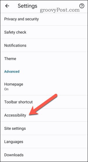 Ouvrir les paramètres d'accessibilité dans Chrome sur mobile
