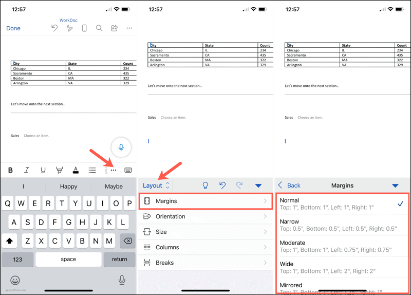 Modifier les marges dans Word sur mobile