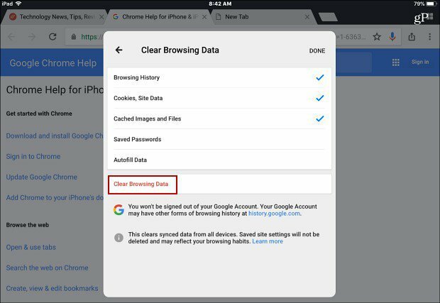 Effacer les données de navigation Chrome app iOS