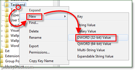 créer le dword de la bande de tâches dans Windows 7