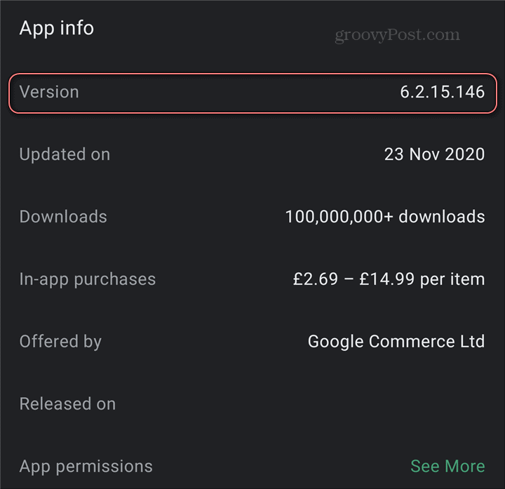 Numéro de Play Store de la version de l'application Android