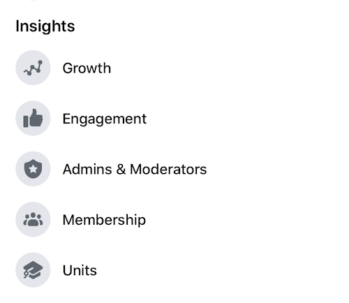 menu Facebook Insights montrant diverses options de mesure analytique