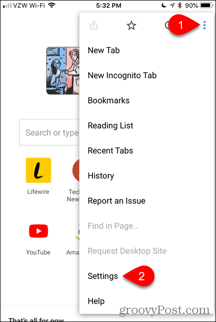 Appuyez sur Paramètres dans Chrome pour iOS