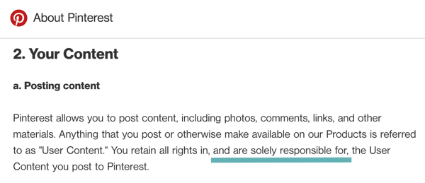 Les termes de Pinterest indiquent clairement que vous êtes responsable du contenu utilisateur que vous publiez.