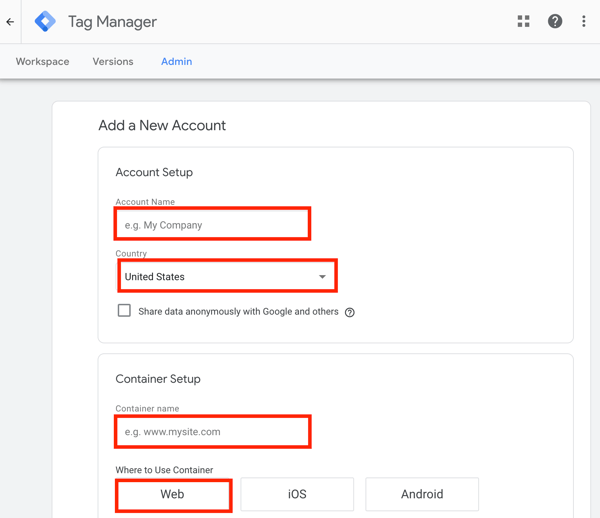 Utilisez Google Tag Manager avec Facebook, étape 1, configuration pour ajouter un nouveau compte Google Tag Manager