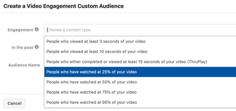boîte de dialogue pour créer une audience personnalisée d'engagement vidéo Facebook