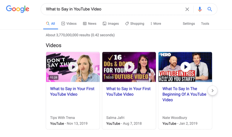 capture d'écran d'une recherche google pour savoir quoi dire dans une vidéo youtube avec les résultats de la recherche vidéo notés