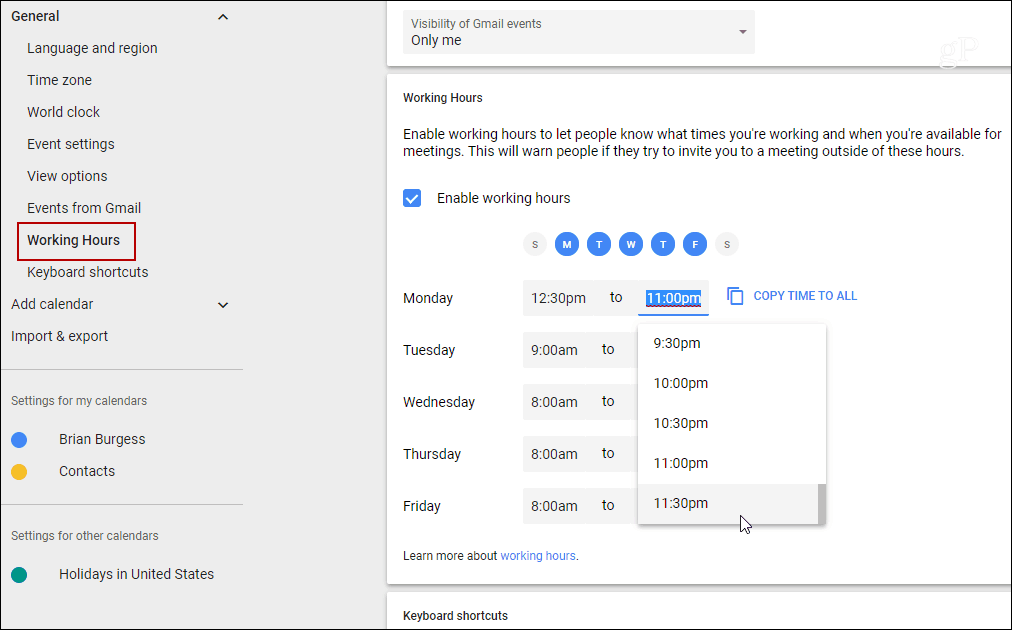 Définir les heures de travail pour chaque jour Google Calendar
