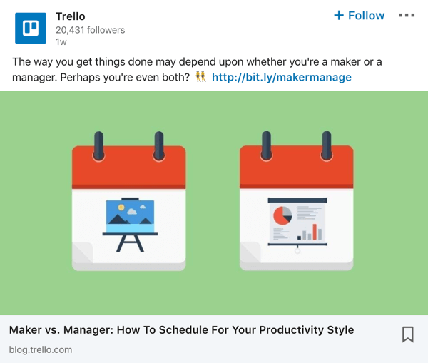 Exemple de publication de page d'entreprise Trello LinkedIn.