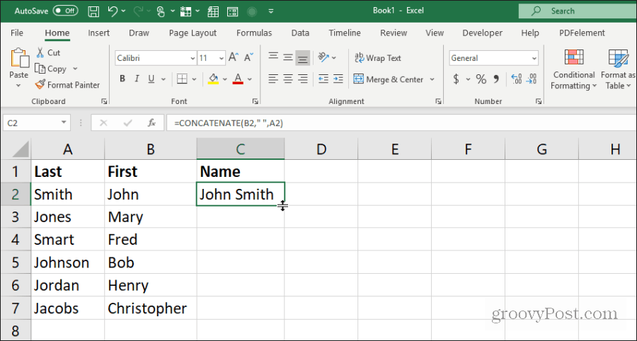 utilisation de la concaténation des noms dans Excel