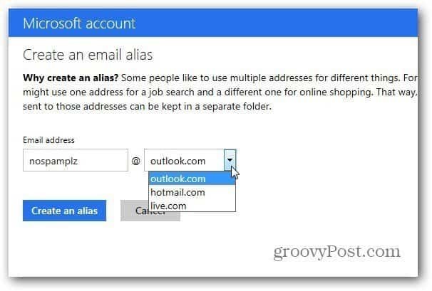 Fonction d'alias Outlook.com