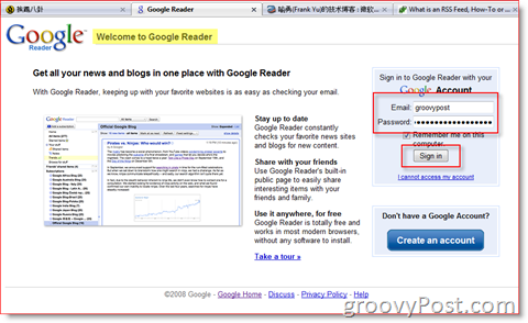 Page de connexion à Google Reader:: groovyPost.com