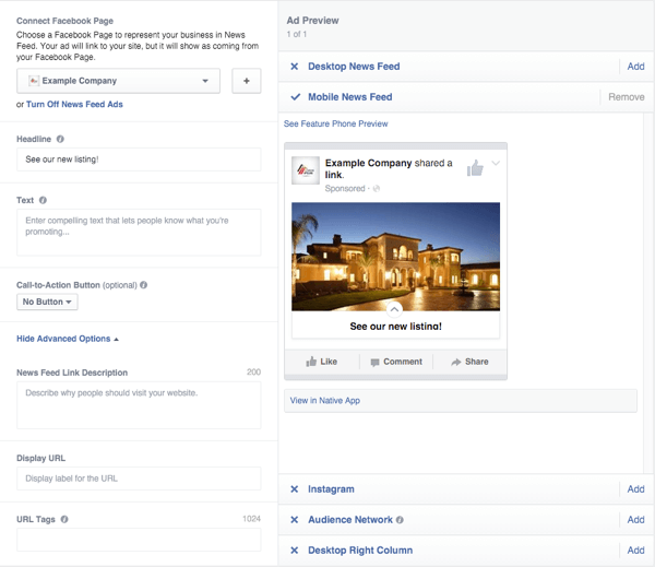 options de livraison d'annonces sur toile facebook