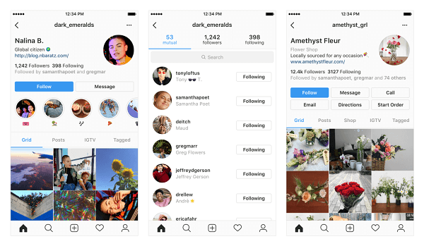 Exemples de modifications potentielles de votre profil Instagram.