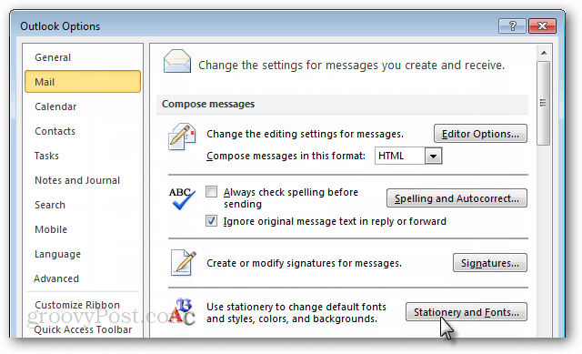 options de messagerie Outlook 2010