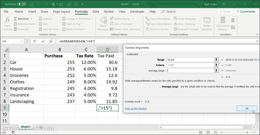 Utilisation de la fonction hte averageif dans Excel