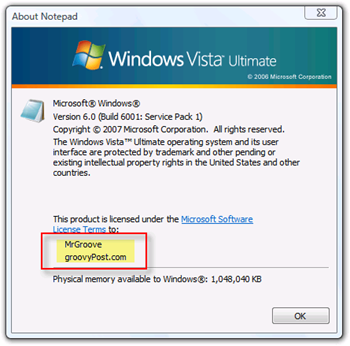 Propriétaire et organisation de l'affichage pour Windows Vista
