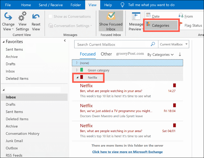 Emails triés par catégorie de couleur dans Outlook