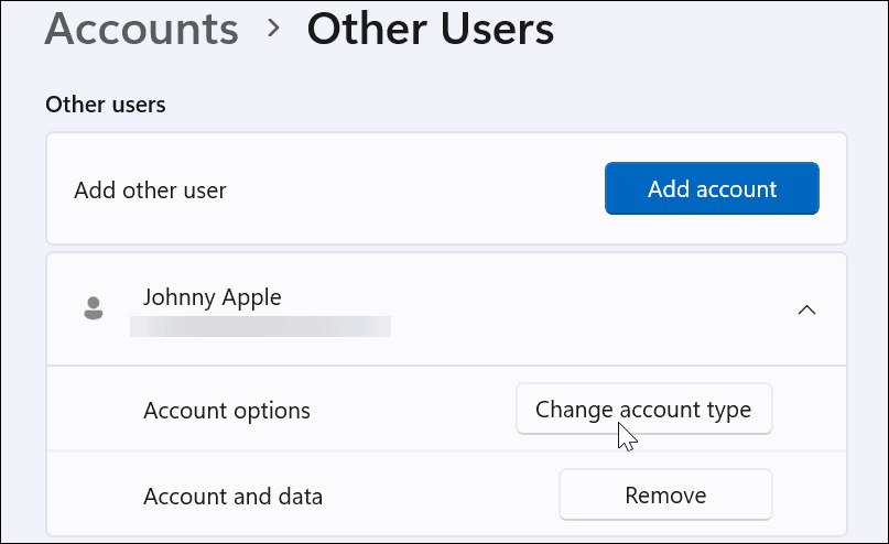Changer le type de compte sur Windows 11