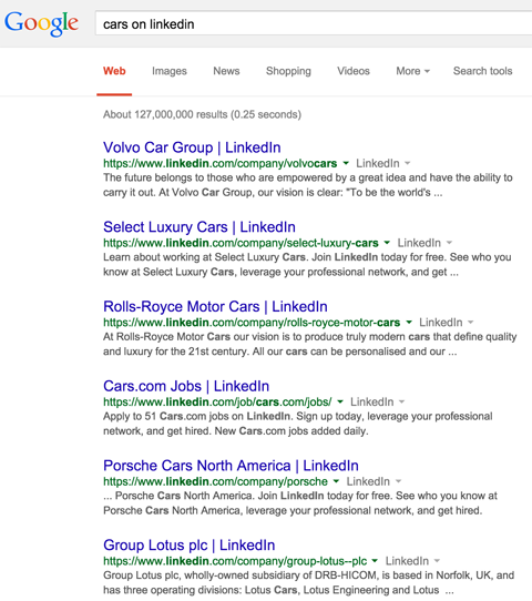 LinkedIn résultats de la page de l'entreprise dans les résultats de recherche Google pour les voitures sur linkedin